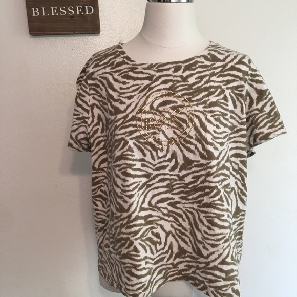 Michael Kors Tops - Michael Kors animal print tee/gold MK rhinestones